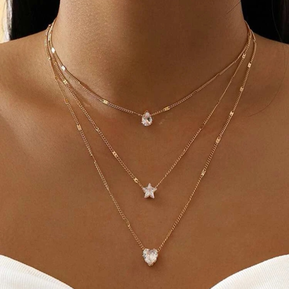 2/$10 NEW! Rhinestone Star Water Drop Heart Necklace Multilayer Charm Layered